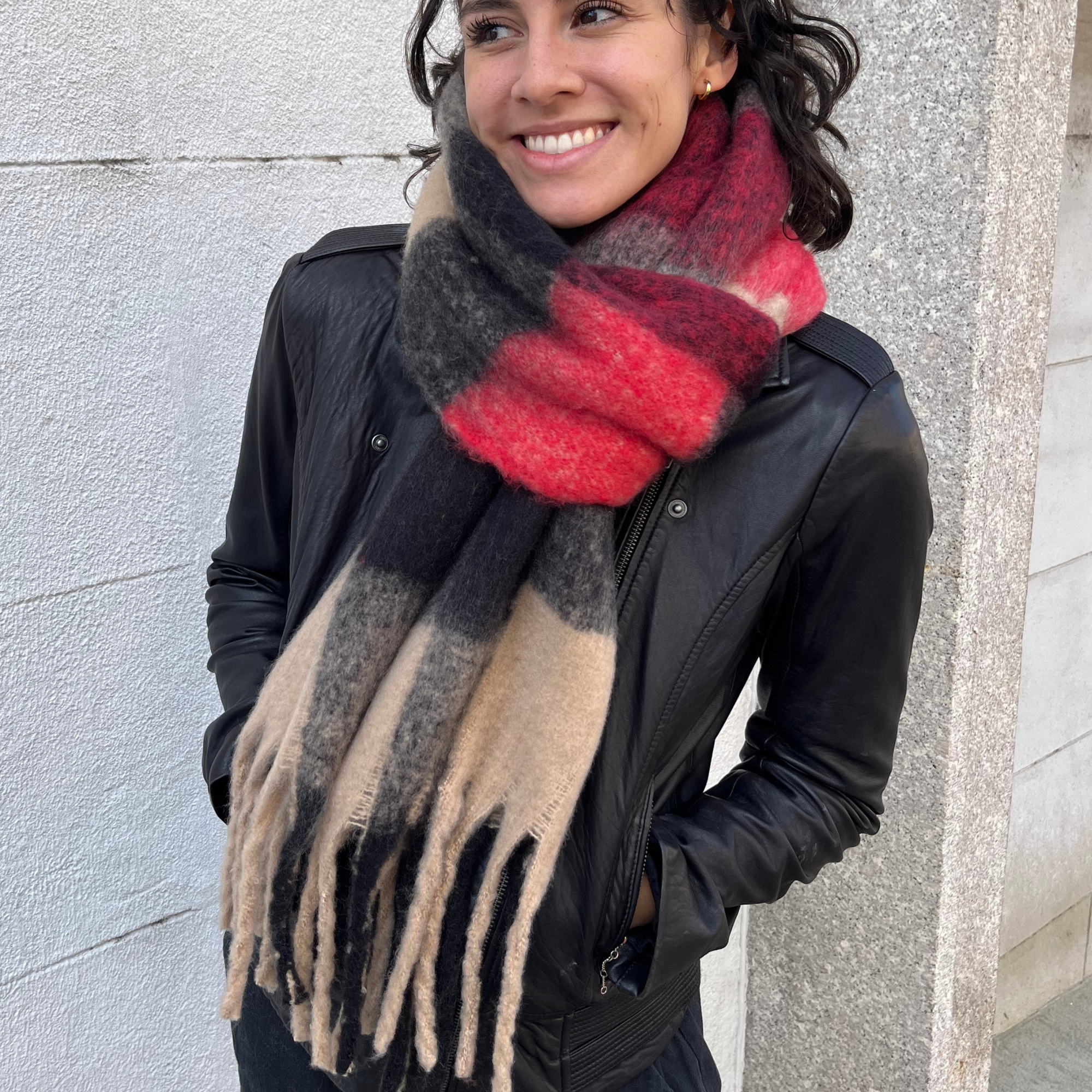 Extra Long Checkered Fringe Scarf - Camel / Red