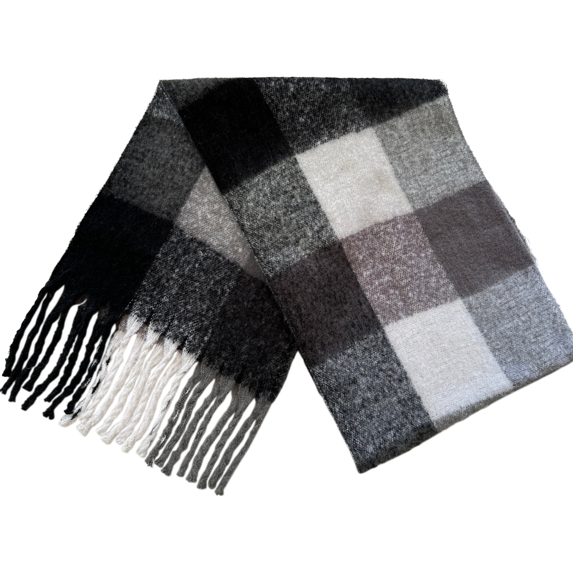 Extra Long Checkered Fringe Scarf - Black