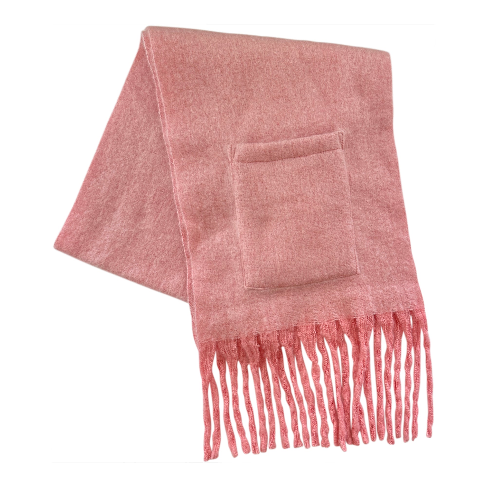 Extra Long Fringe Scarf With Pocket Pink / Cream