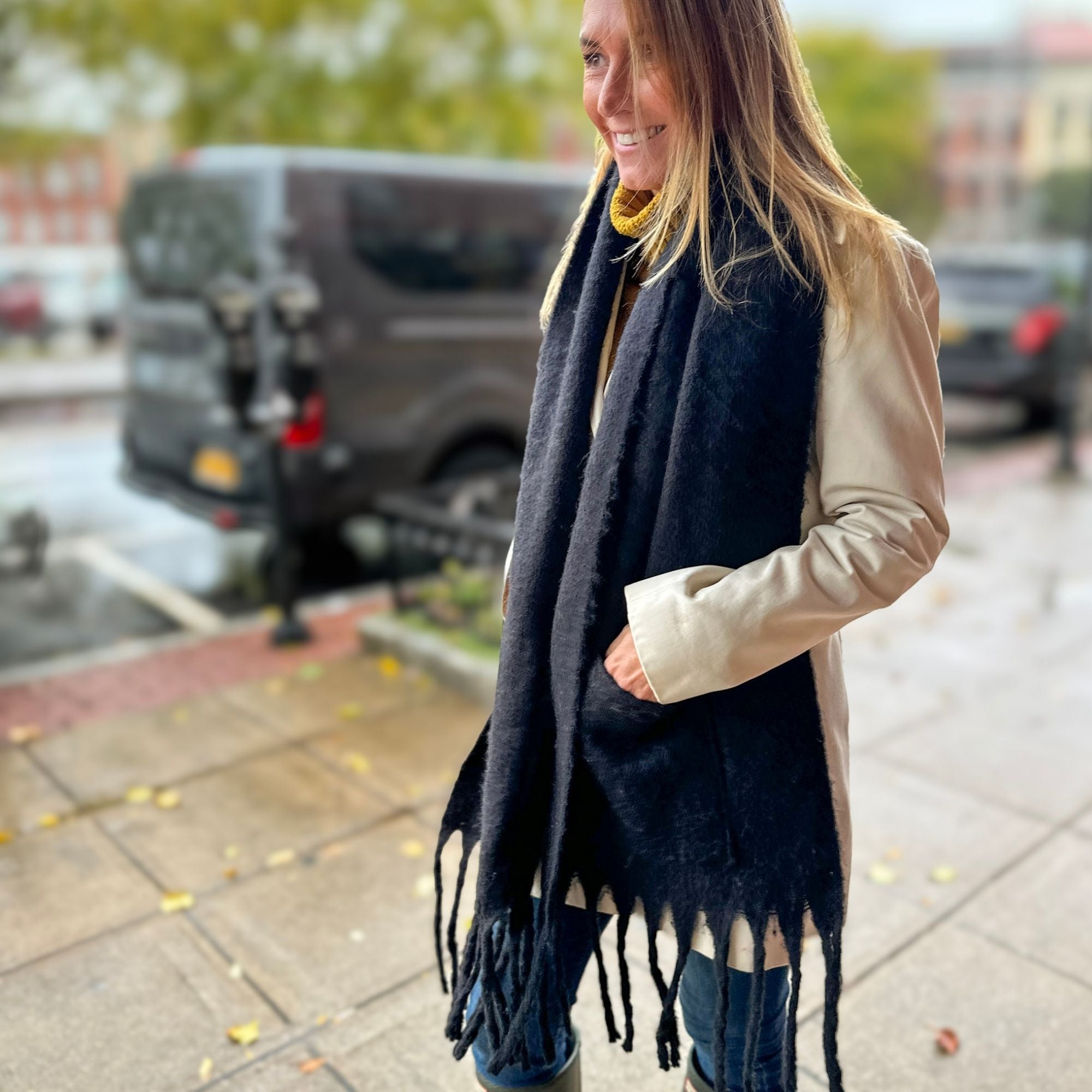 Extra Long Fringe Scarf With Pocket