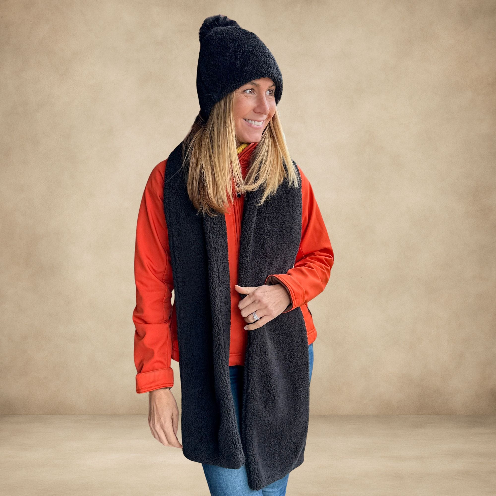 Sherpa Beanie With Pom & Scarf Set Solid Black