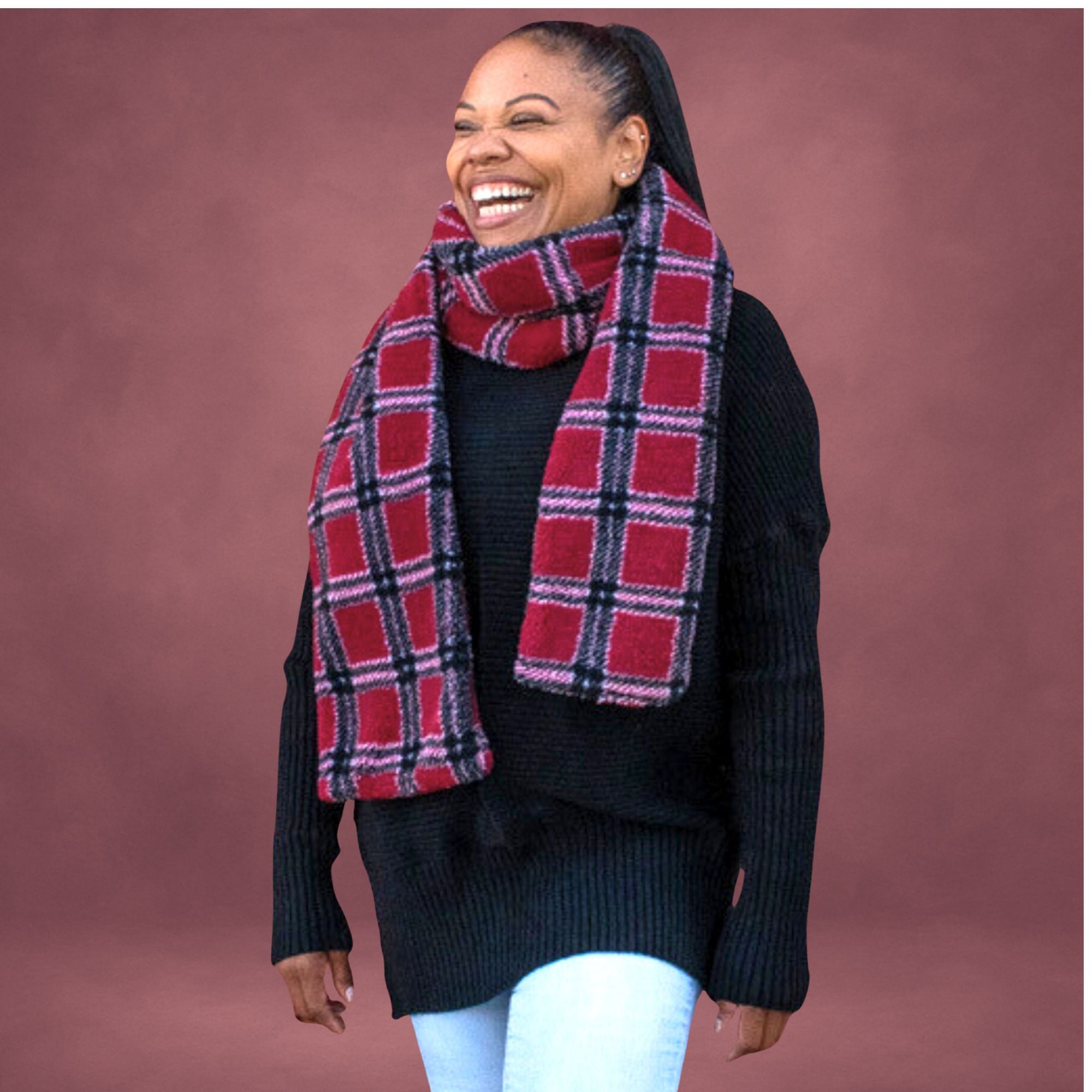 Sherpa Beanie With Pom & Scarf Set Plaid