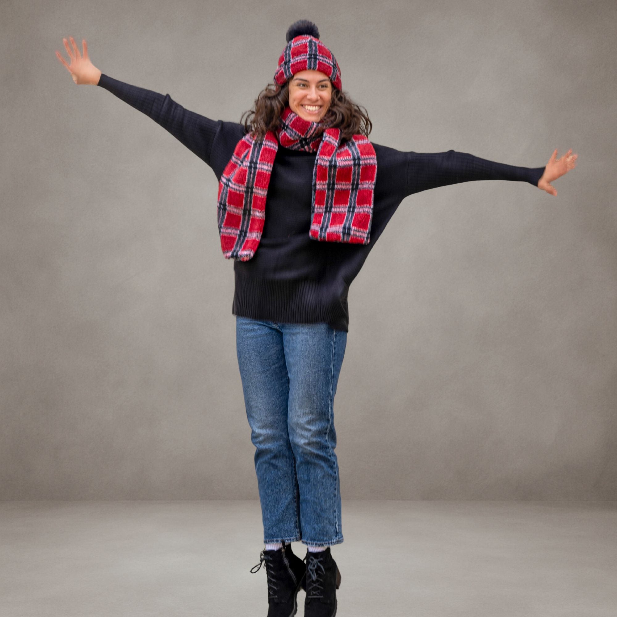 Sherpa Beanie With Pom & Scarf Set Plaid