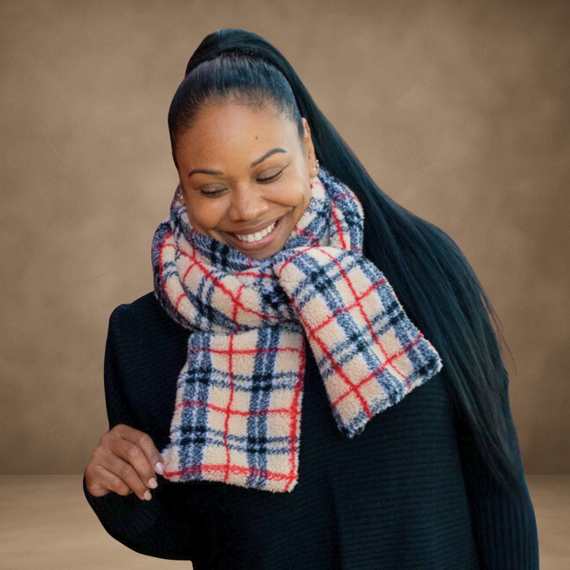 Sherpa Beanie With Pom & Scarf Set Plaid