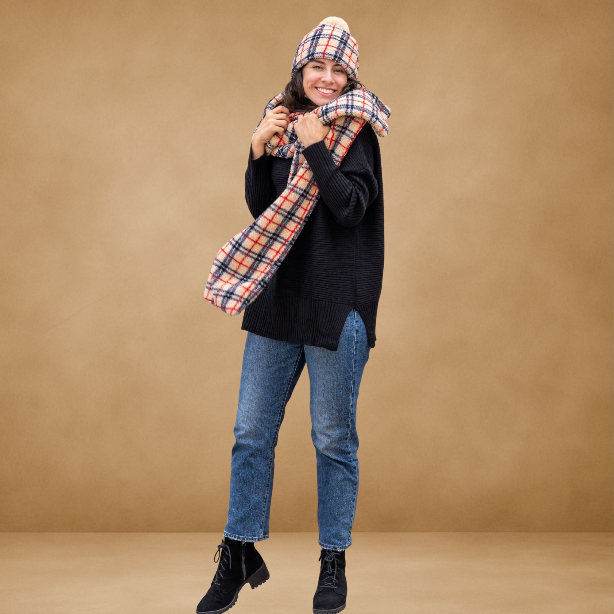 Sherpa Beanie With Pom & Scarf Set Plaid