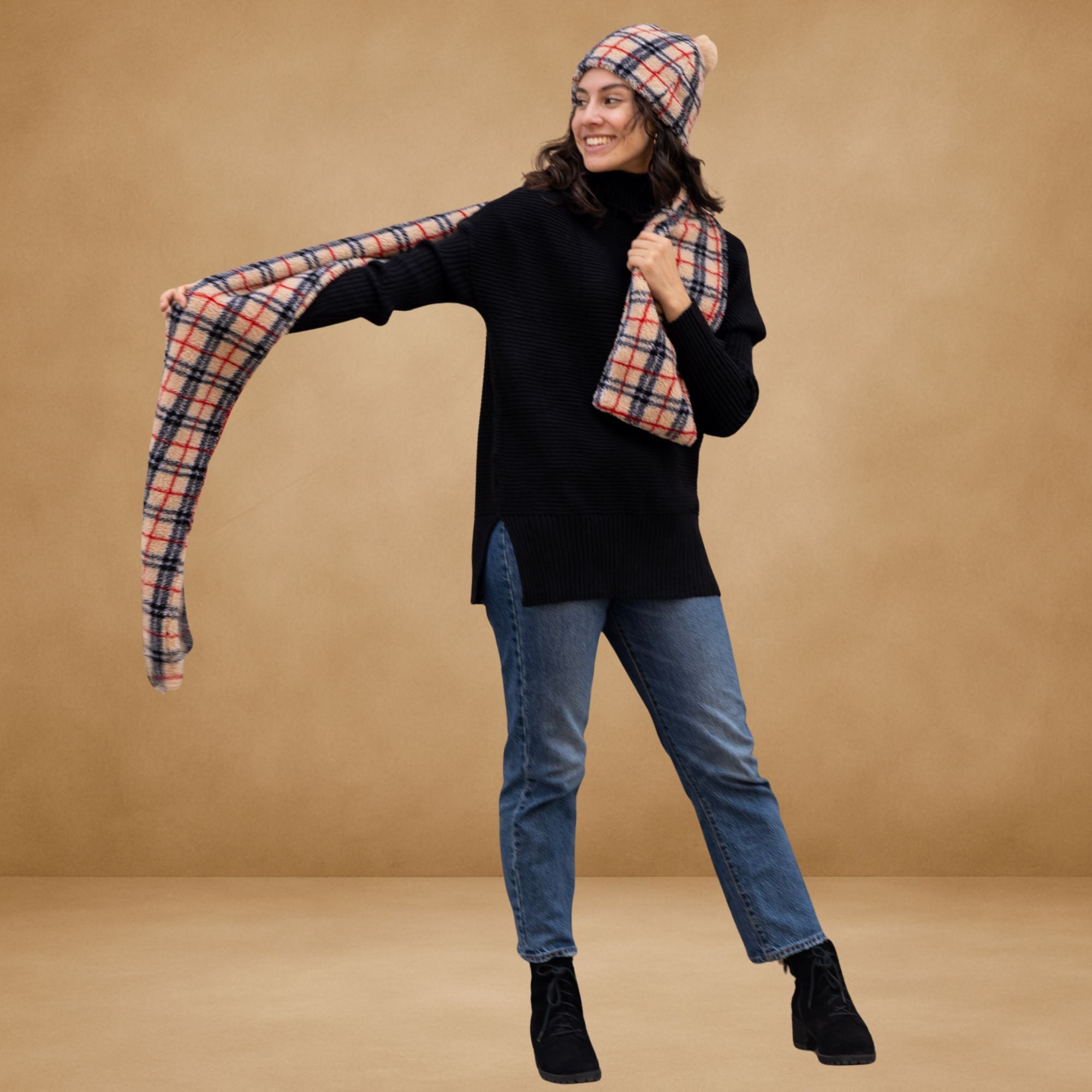 Sherpa Beanie With Pom & Scarf Set Plaid