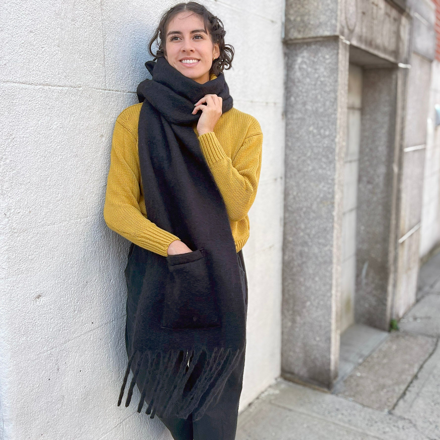 Extra Long Fringe Scarf With Pocket