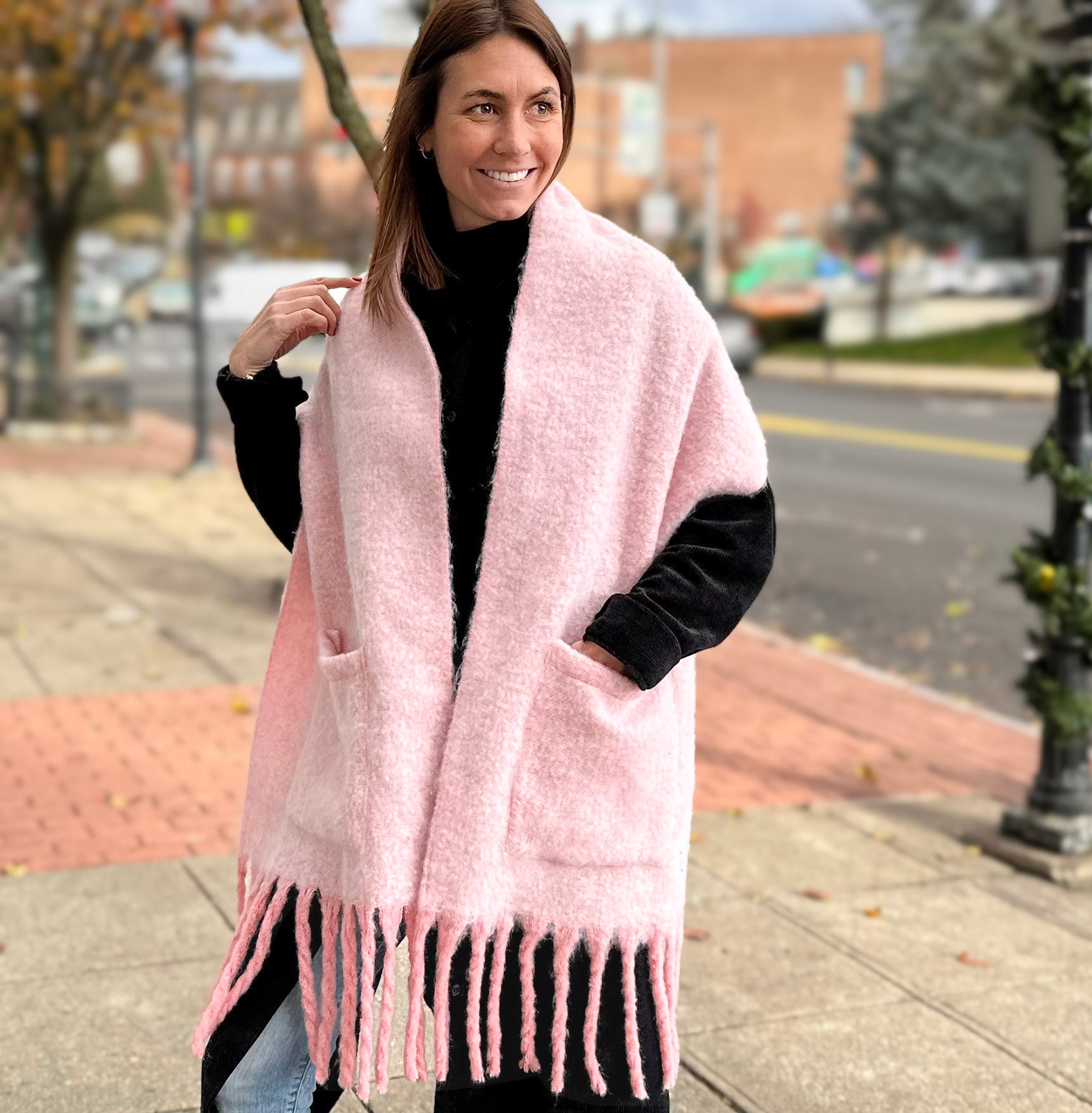 Extra Long Fringe Scarf With Pocket