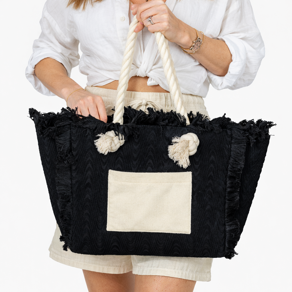 Terry Fringe Tote With Wristlet - Black / Cream