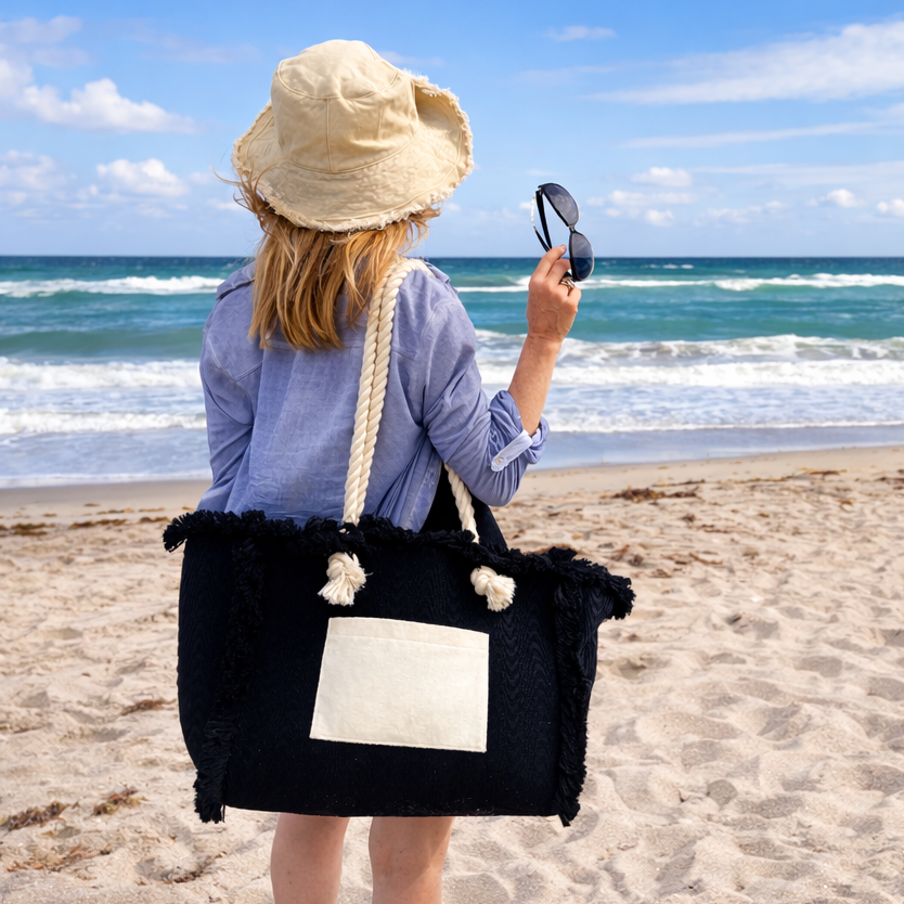 Woman on a beach holding sunglasses, wearing a hat and carrying a large black tote bag.