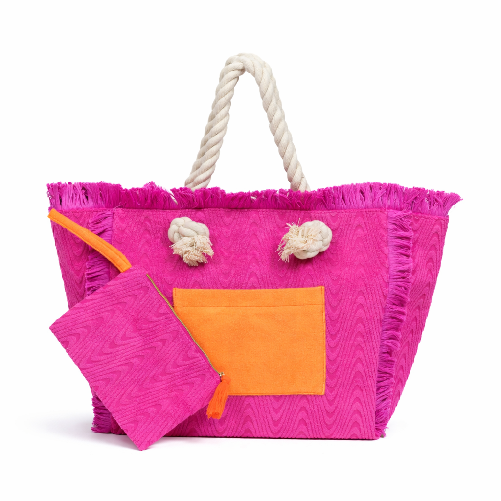 Terry Fringe Tote With Wristlet - Orchid/Orange