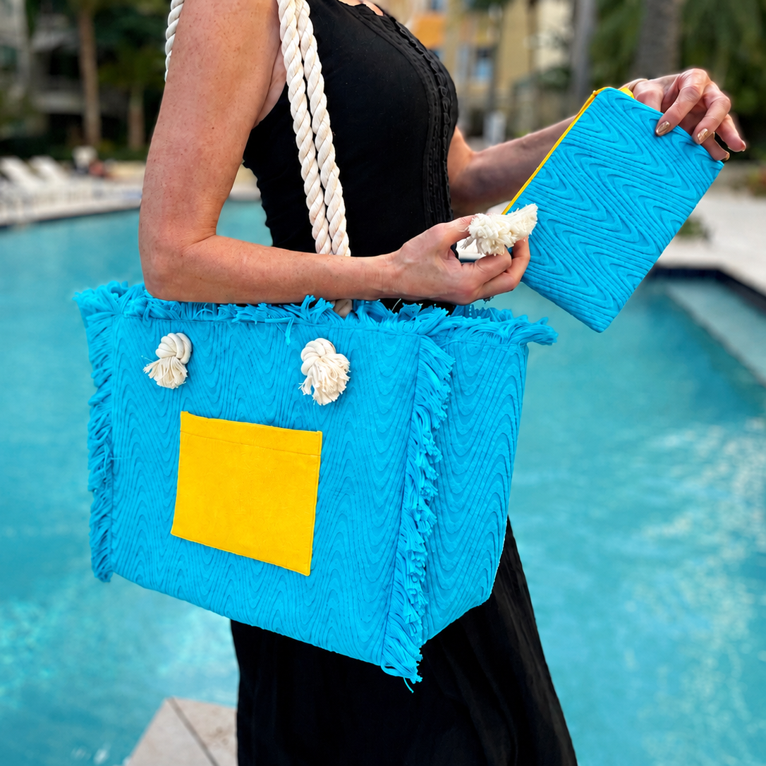 Terry Fringe Tote With Wristlet - Turquoise / Yellow