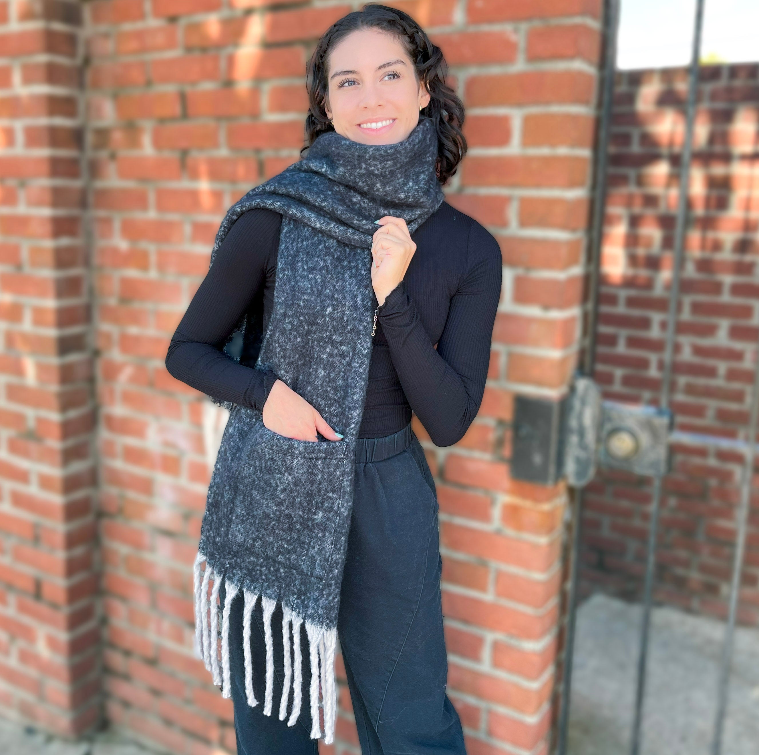 Extra Long Fringe Scarf With Pocket