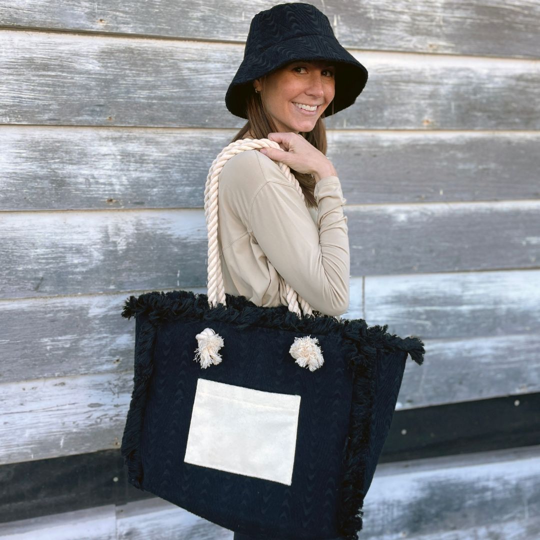 Terry Fringe Tote With Wristlet - Black / Cream