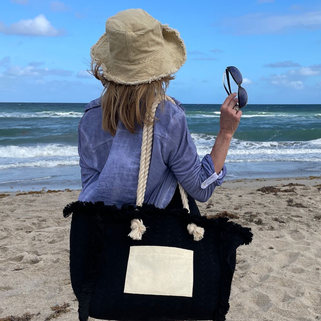Terry Fringe Tote With Wristlet - Black / Cream