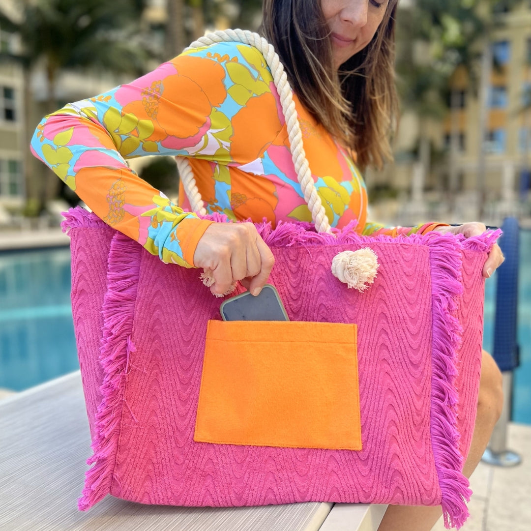 Terry Fringe Tote With Wristlet - Orchid/Orange