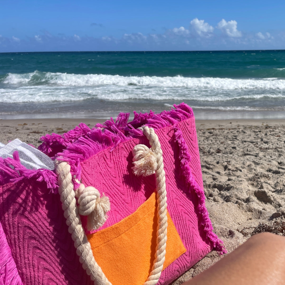 Terry Fringe Tote With Wristlet - Orchid/Orange