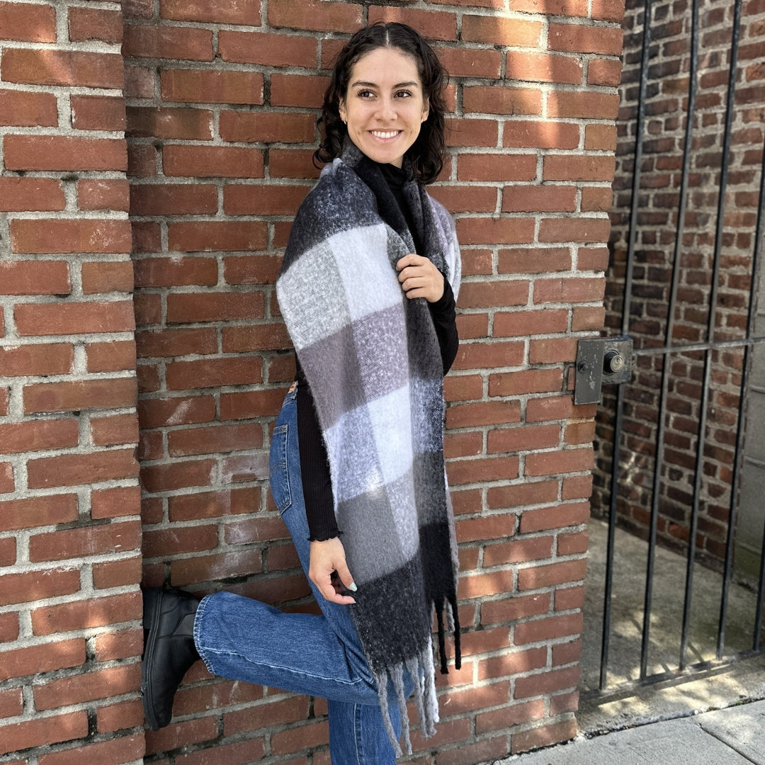 Sprigs Extra Long Checkered Fringe Scarf