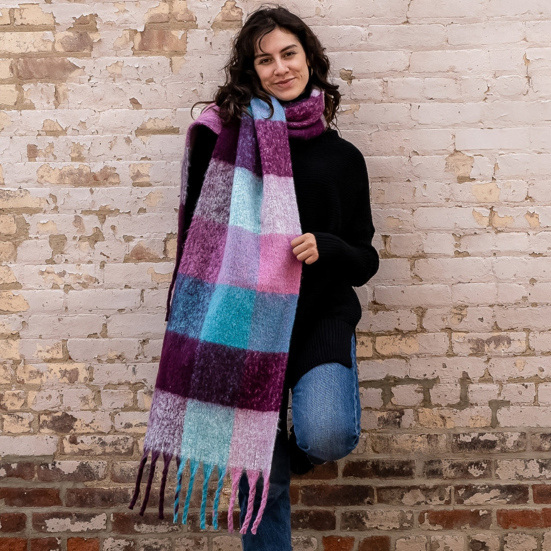 Sprigs Extra Long Checkered Fringe Scarf