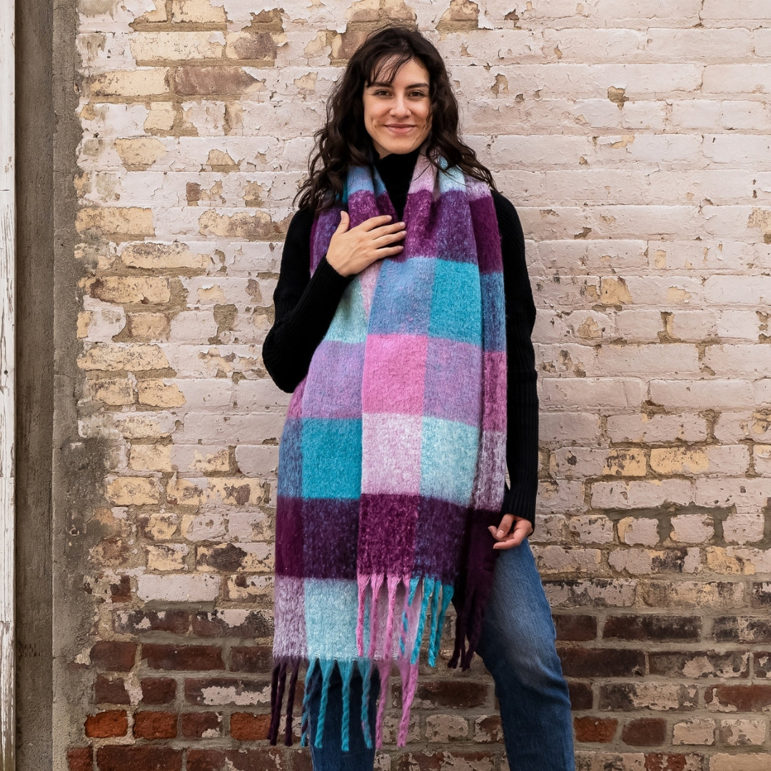 Sprigs Extra Long Checkered Fringe Scarf