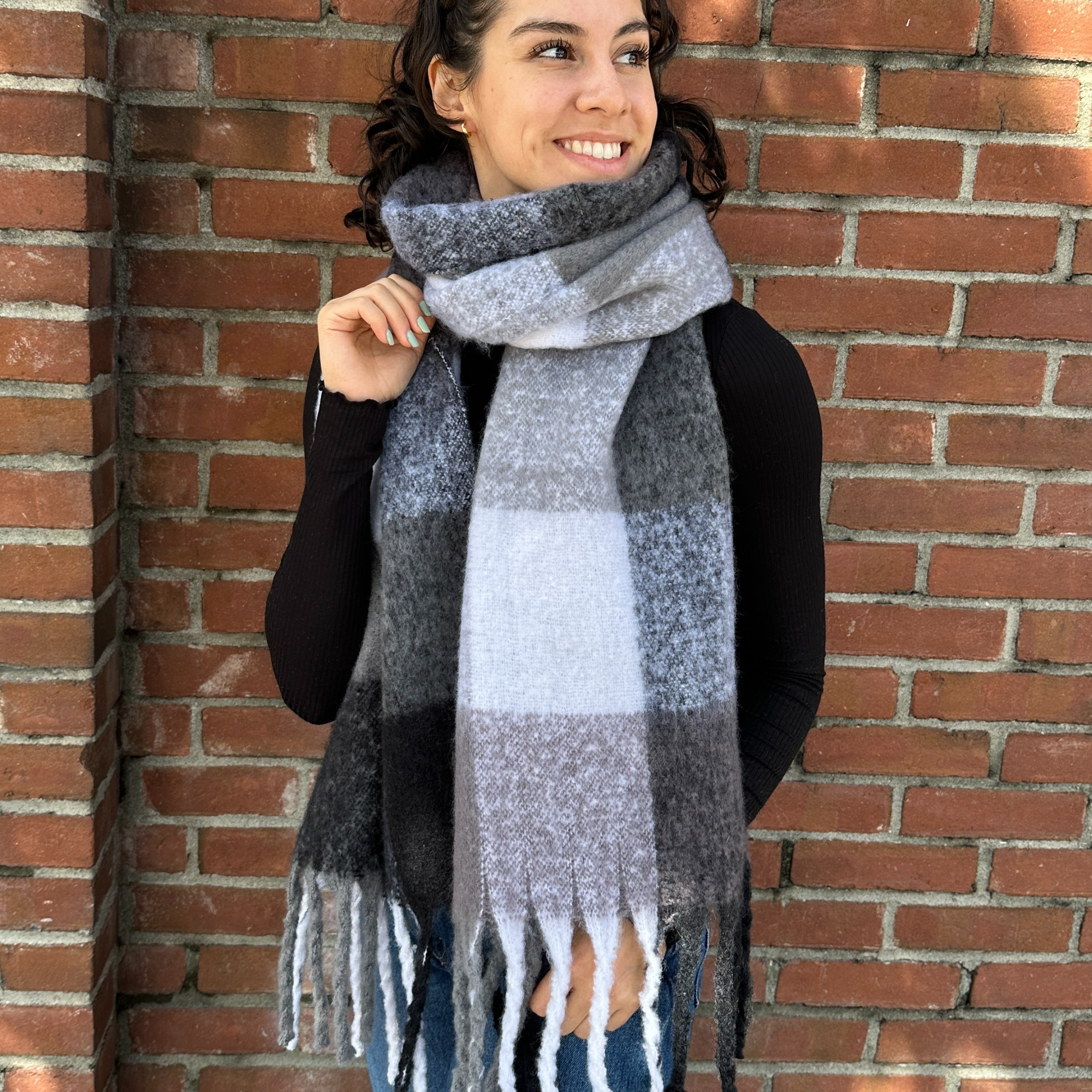 Sprigs Extra Long Checkered Fringe Scarf