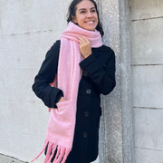 Extra Long Fringe Scarf With Pocket Pink / Cream