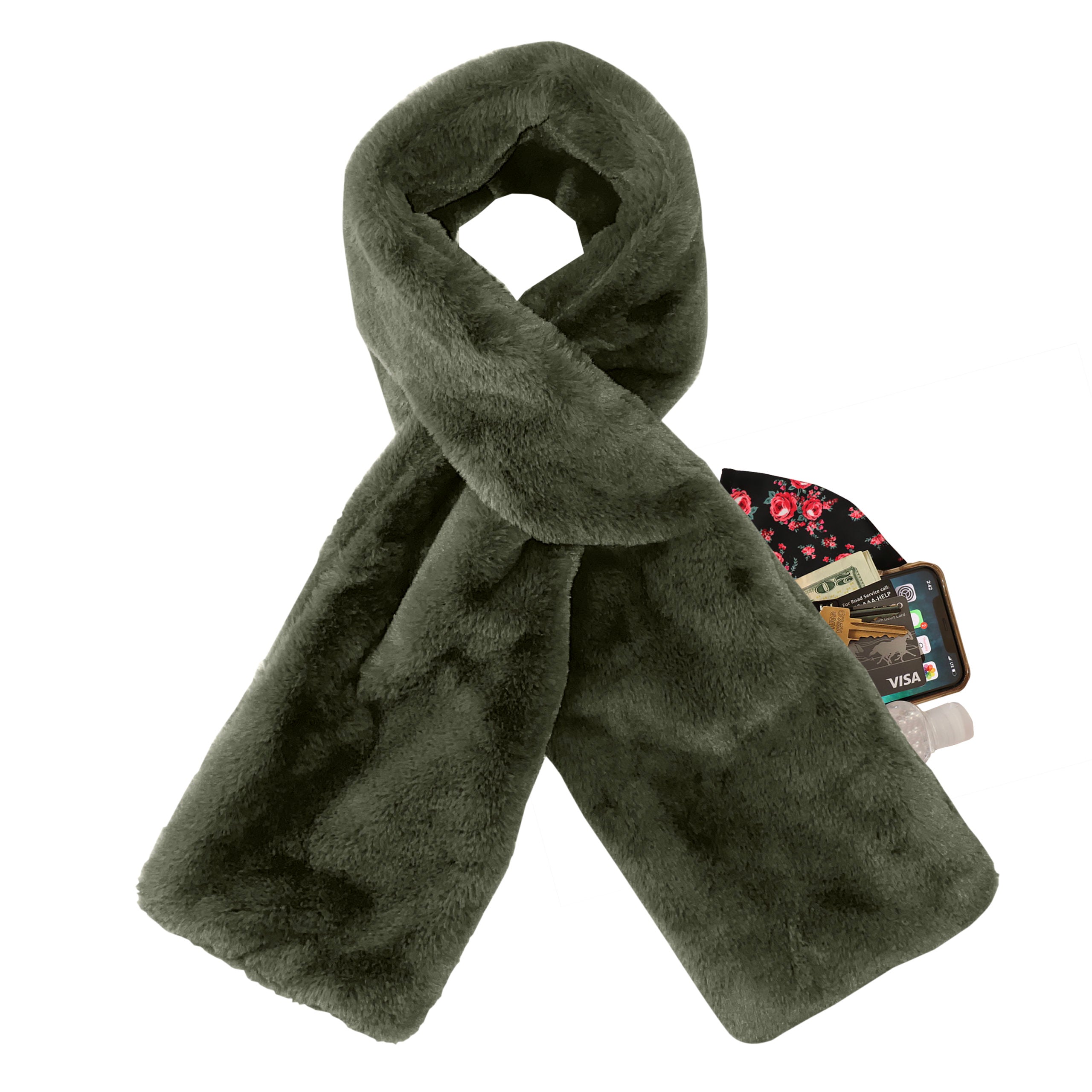 Faux Fur Scarf With Hidden Pocket - Olive Green