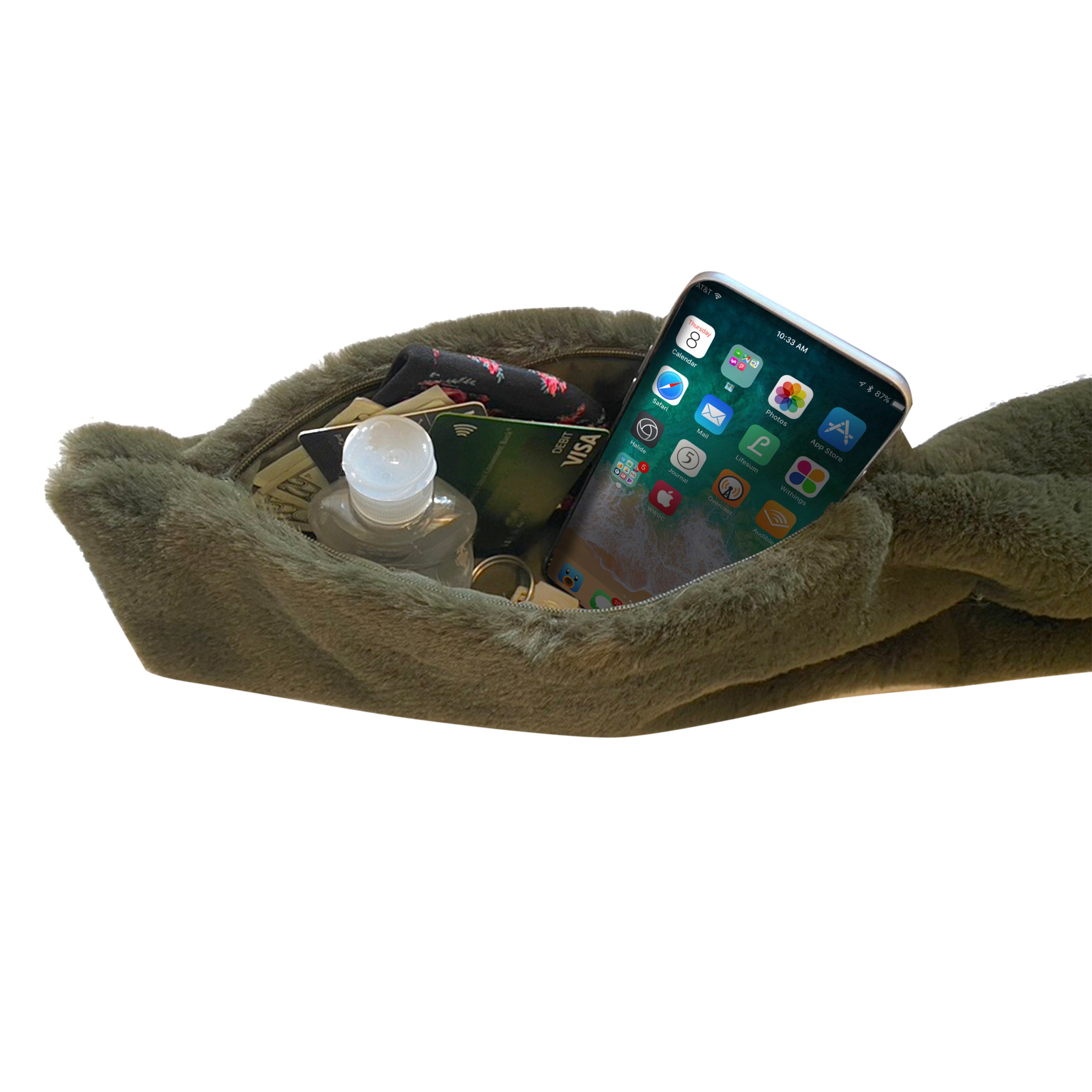 Faux Fur Scarf With Hidden Pocket - Olive Green