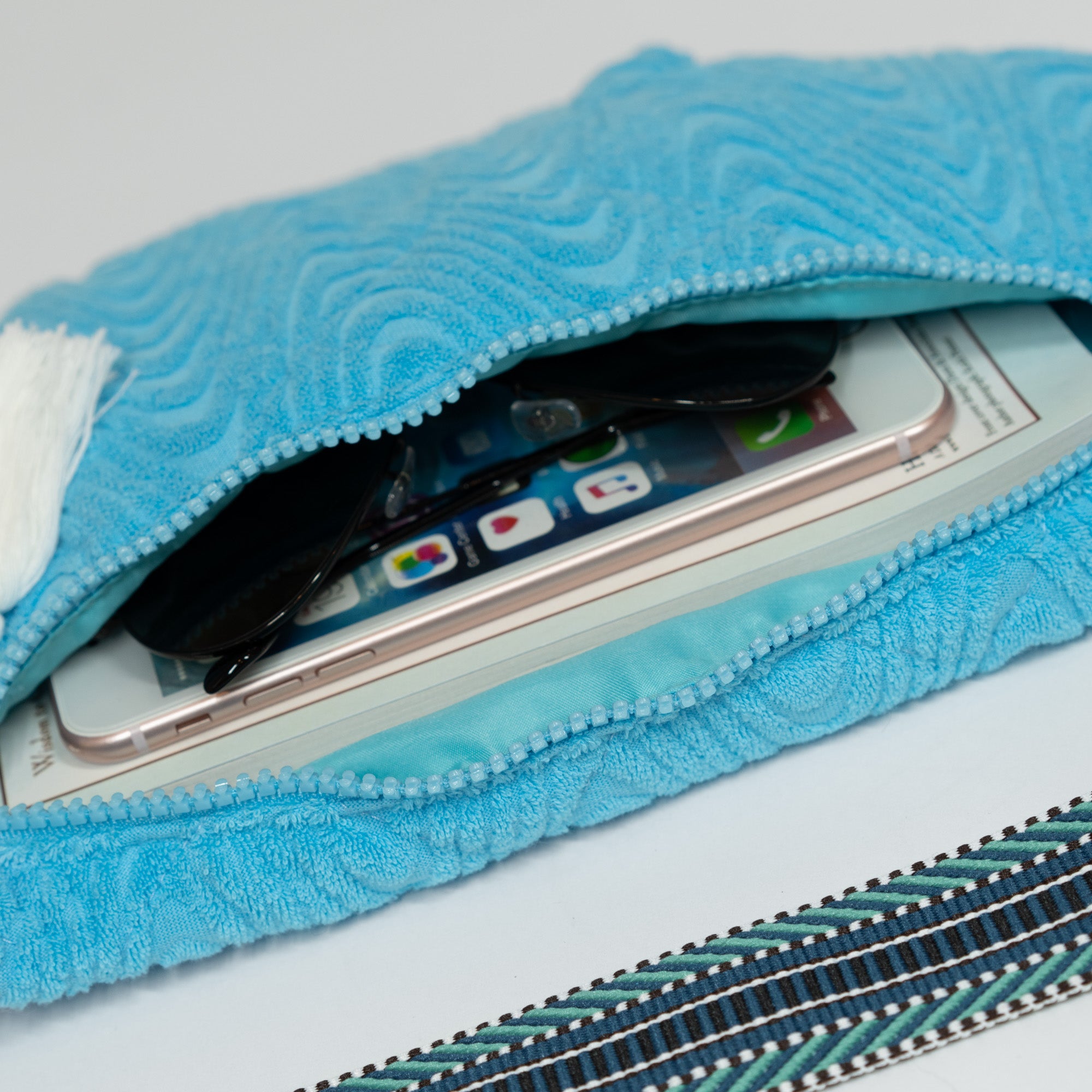 Terrycloth Cross Body Bag With Guitar Strap - Turquoise