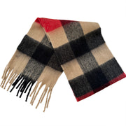 Extra Long Checkered Fringe Scarf - Camel / Red