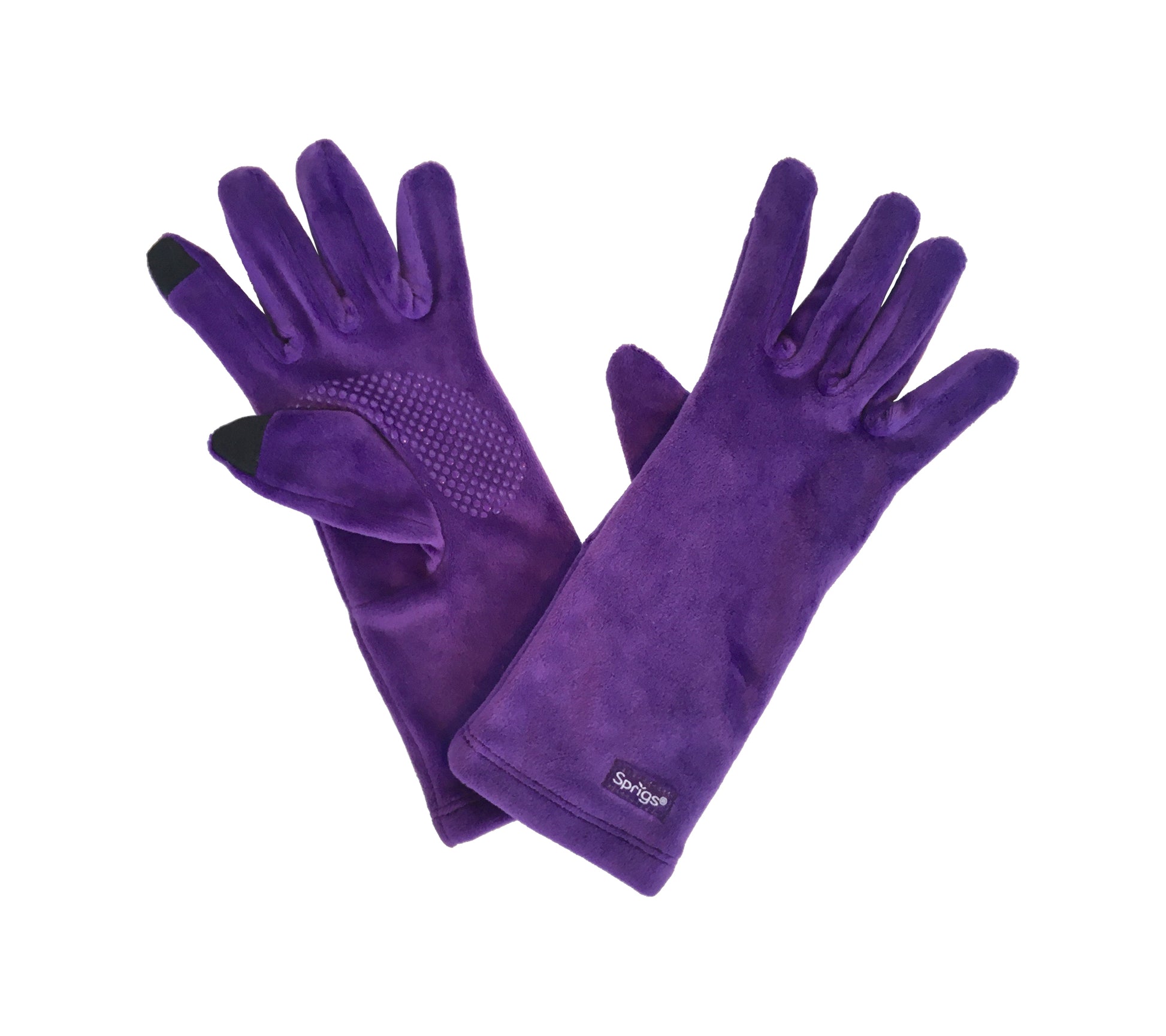 #color_purple A pair of purple velvet gloves with touchscreen-compatible fingertips. 