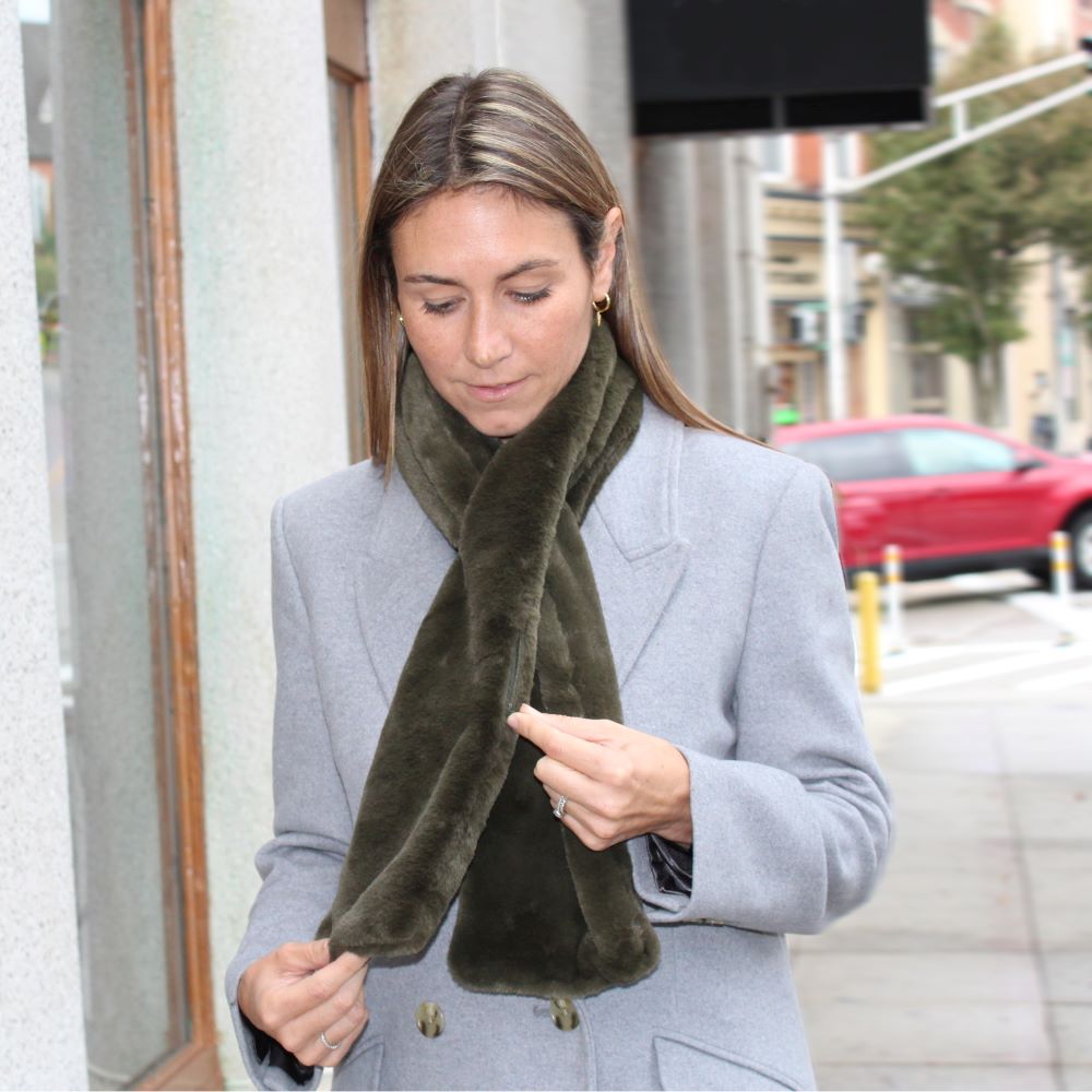 Faux Fur Scarf With Hidden Pocket - Olive Green