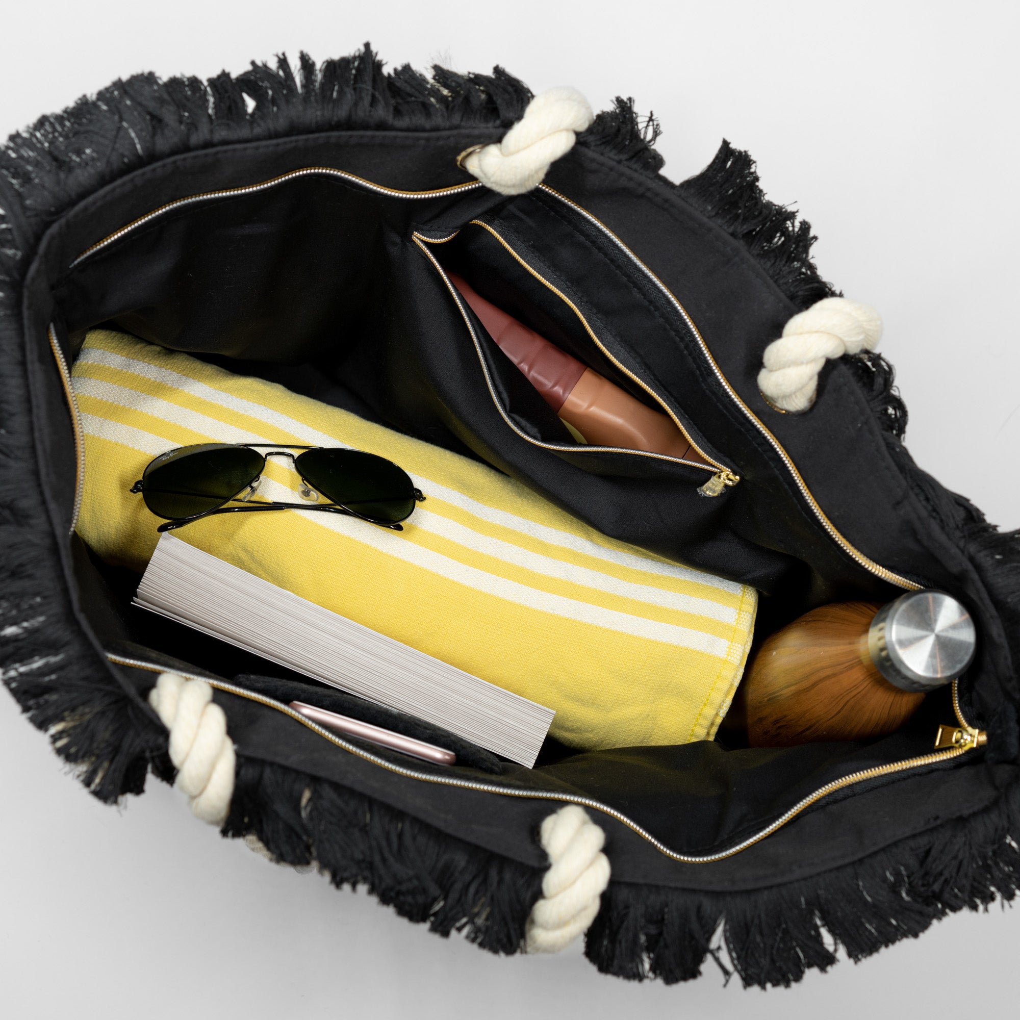 Terry Fringe Tote With Wristlet - Black / Cream