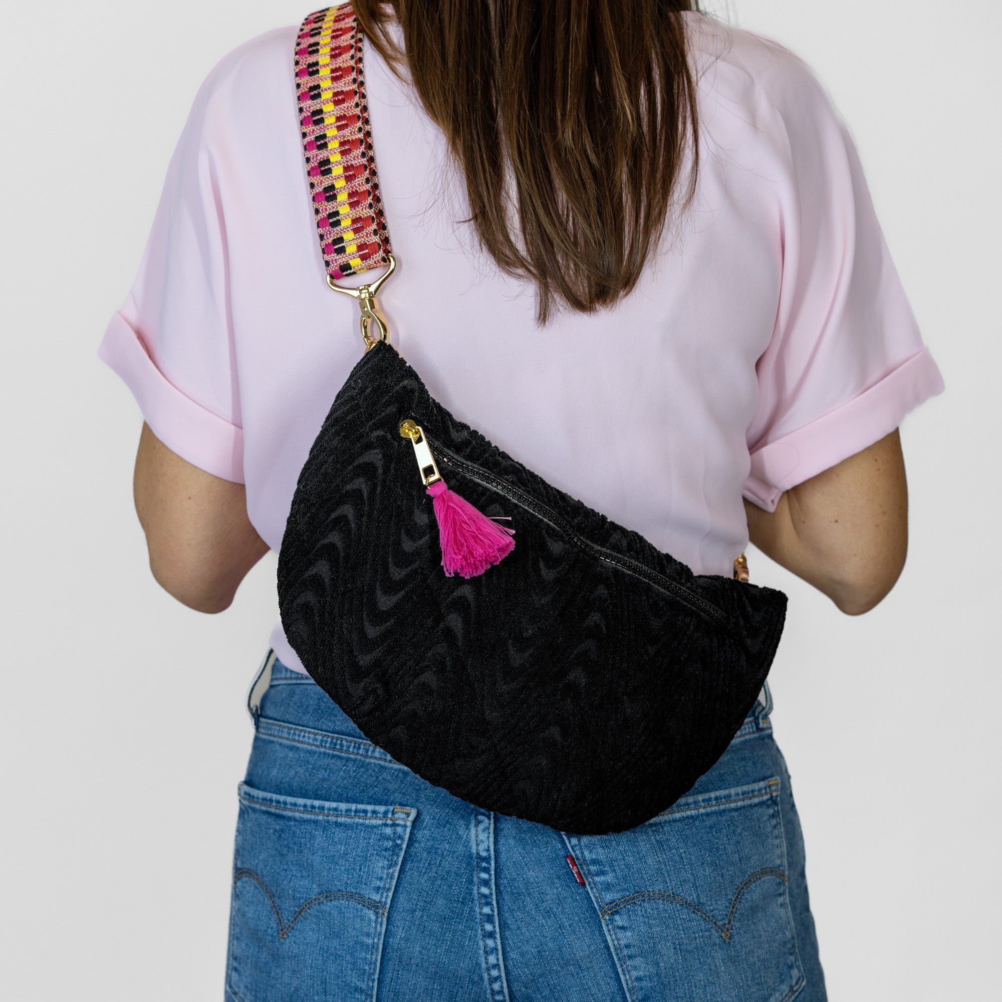 Terrycloth Cross Body Bag With Guitar Strap - Black