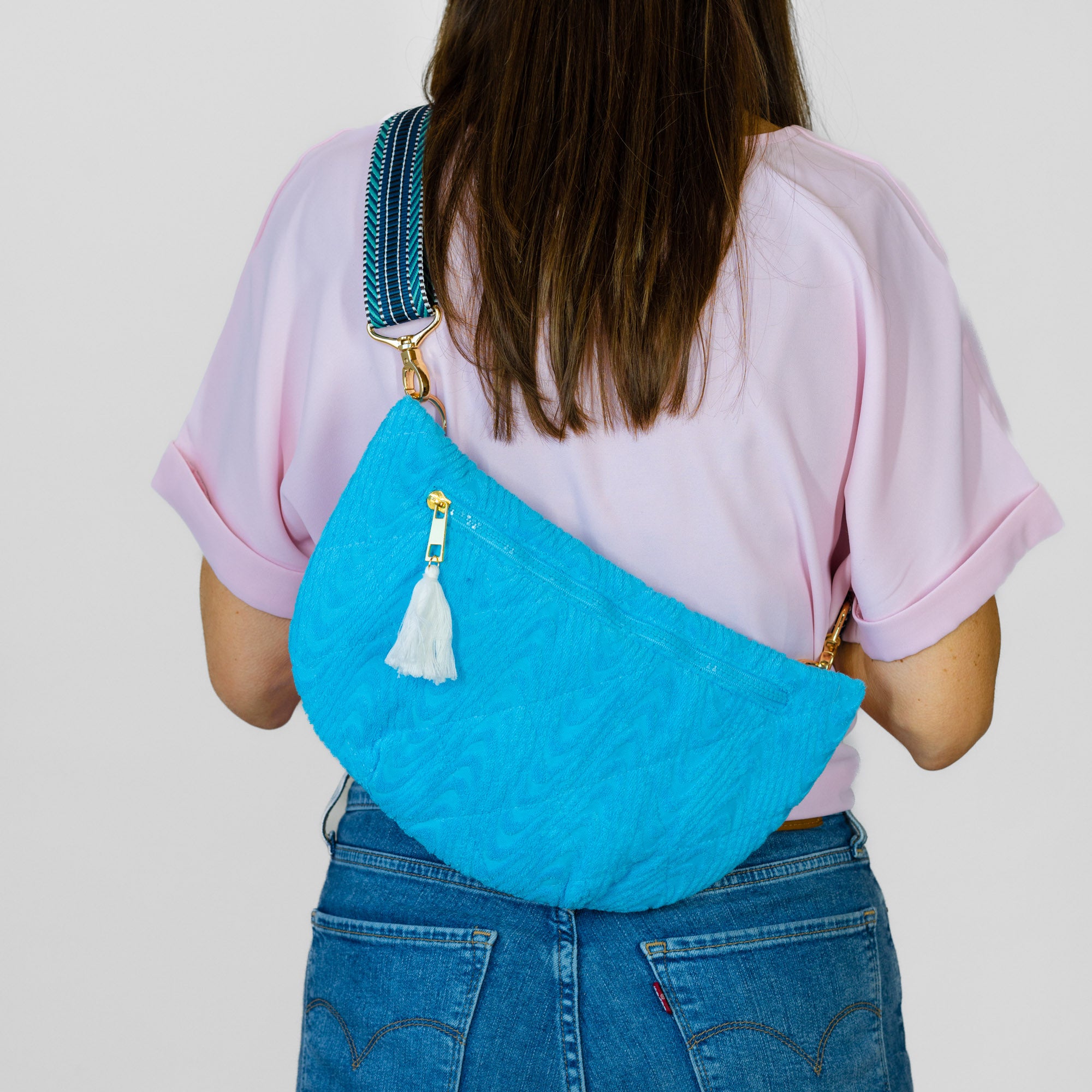 Terrycloth Cross Body Bag With Guitar Strap - Turquoise