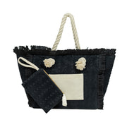 Terry Fringe Tote With Wristlet - Black / Cream