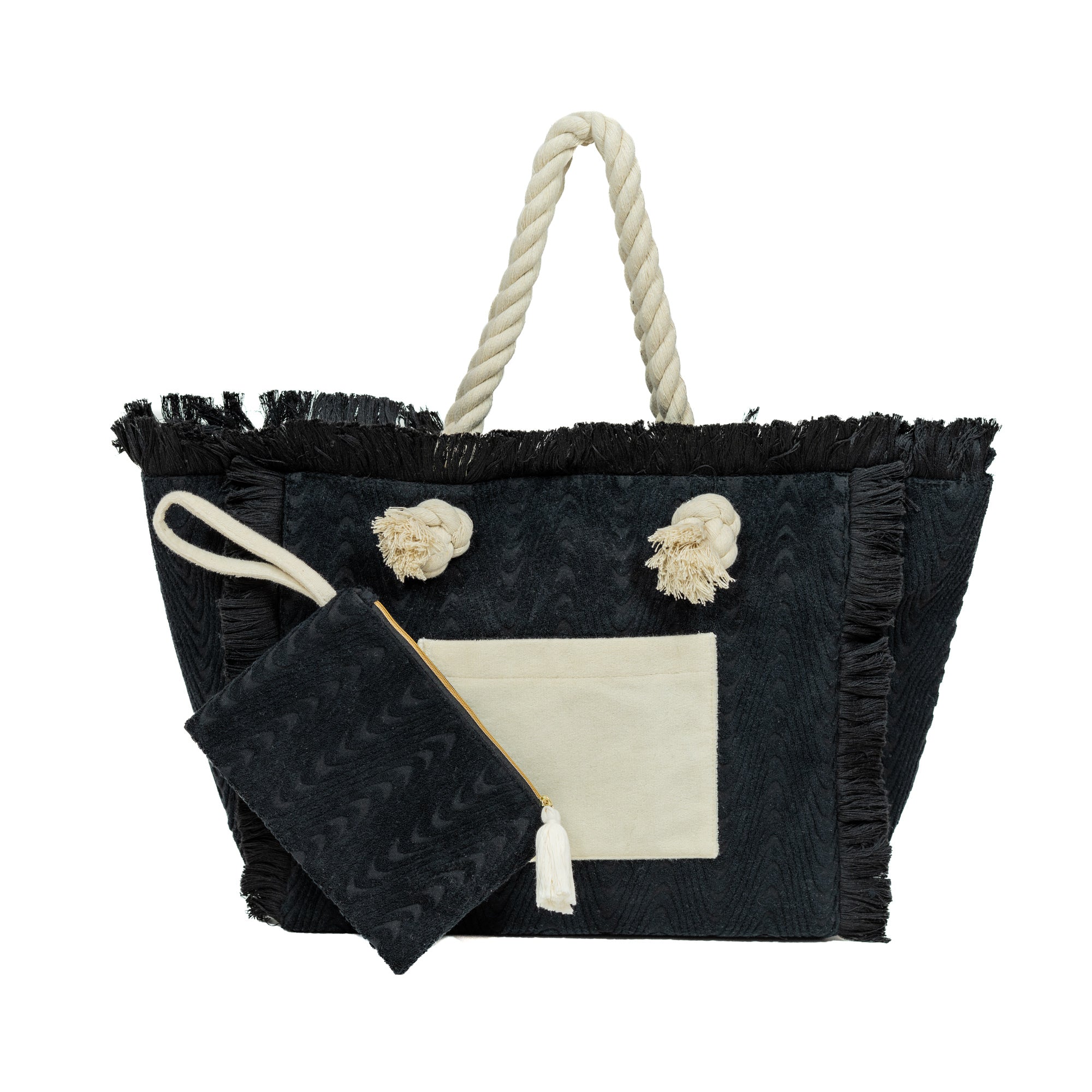 Terry Fringe Tote With Wristlet - Black / Cream
