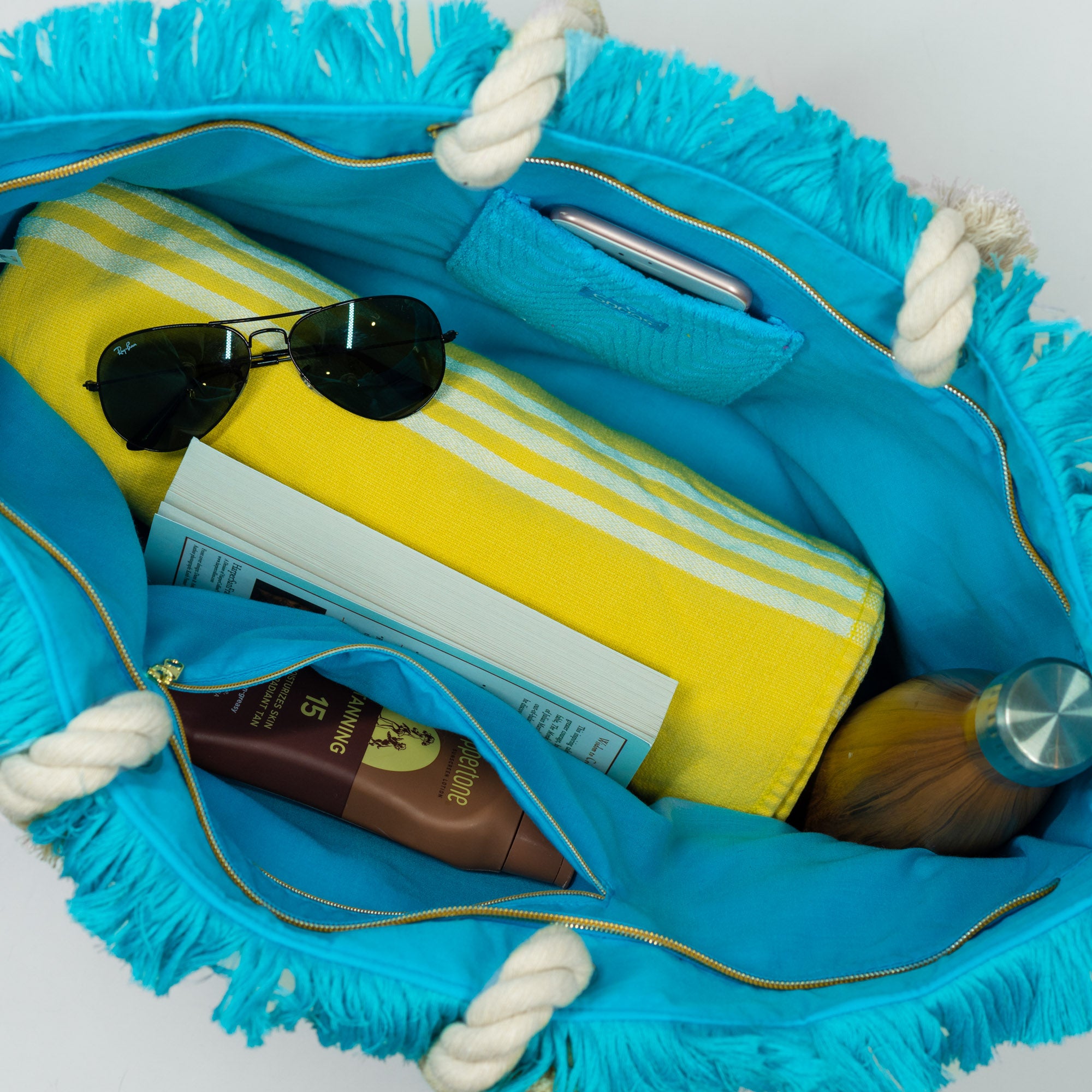 Terry Fringe Tote With Wristlet - Turquoise / Banana