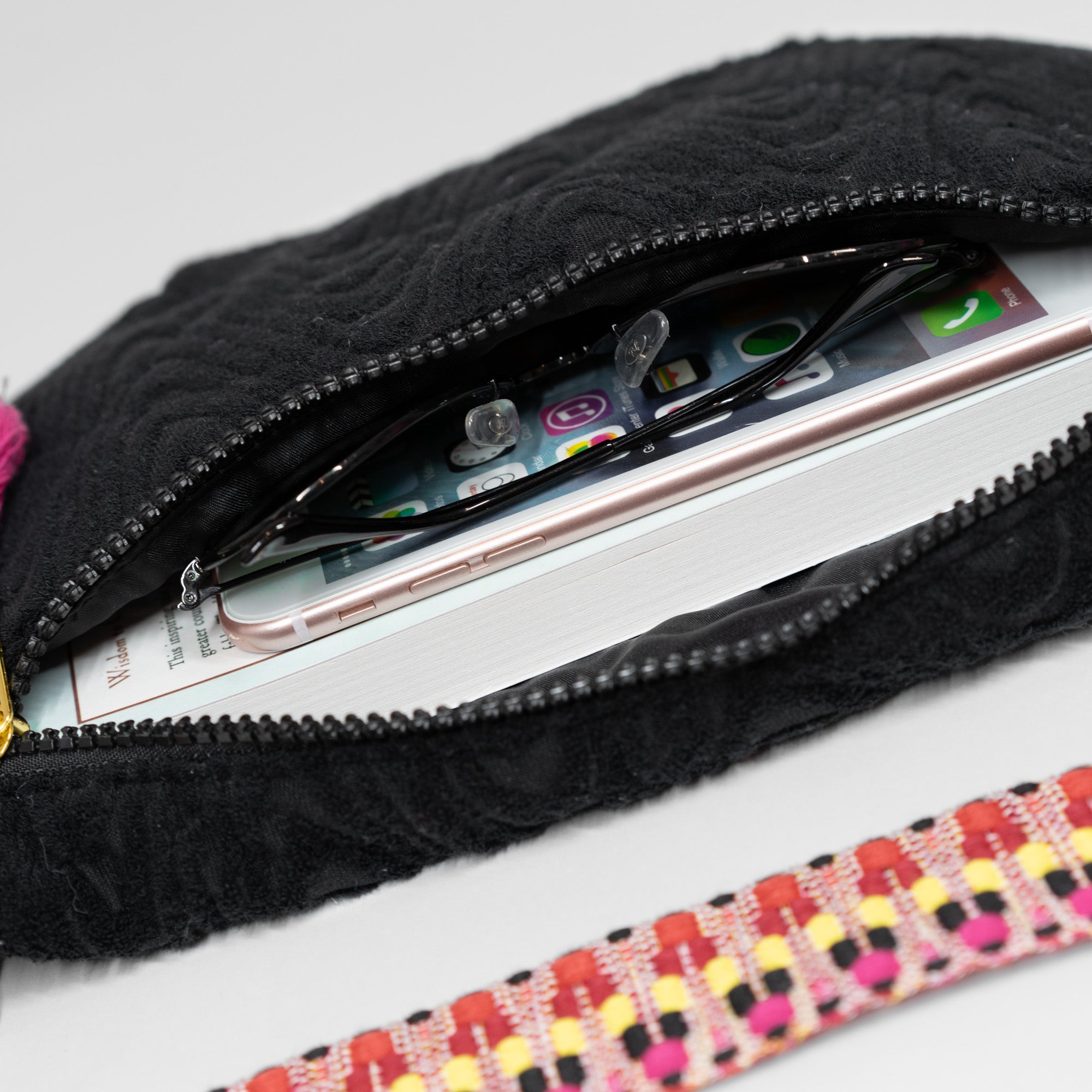 Terrycloth Cross Body Bag With Guitar Strap - Black