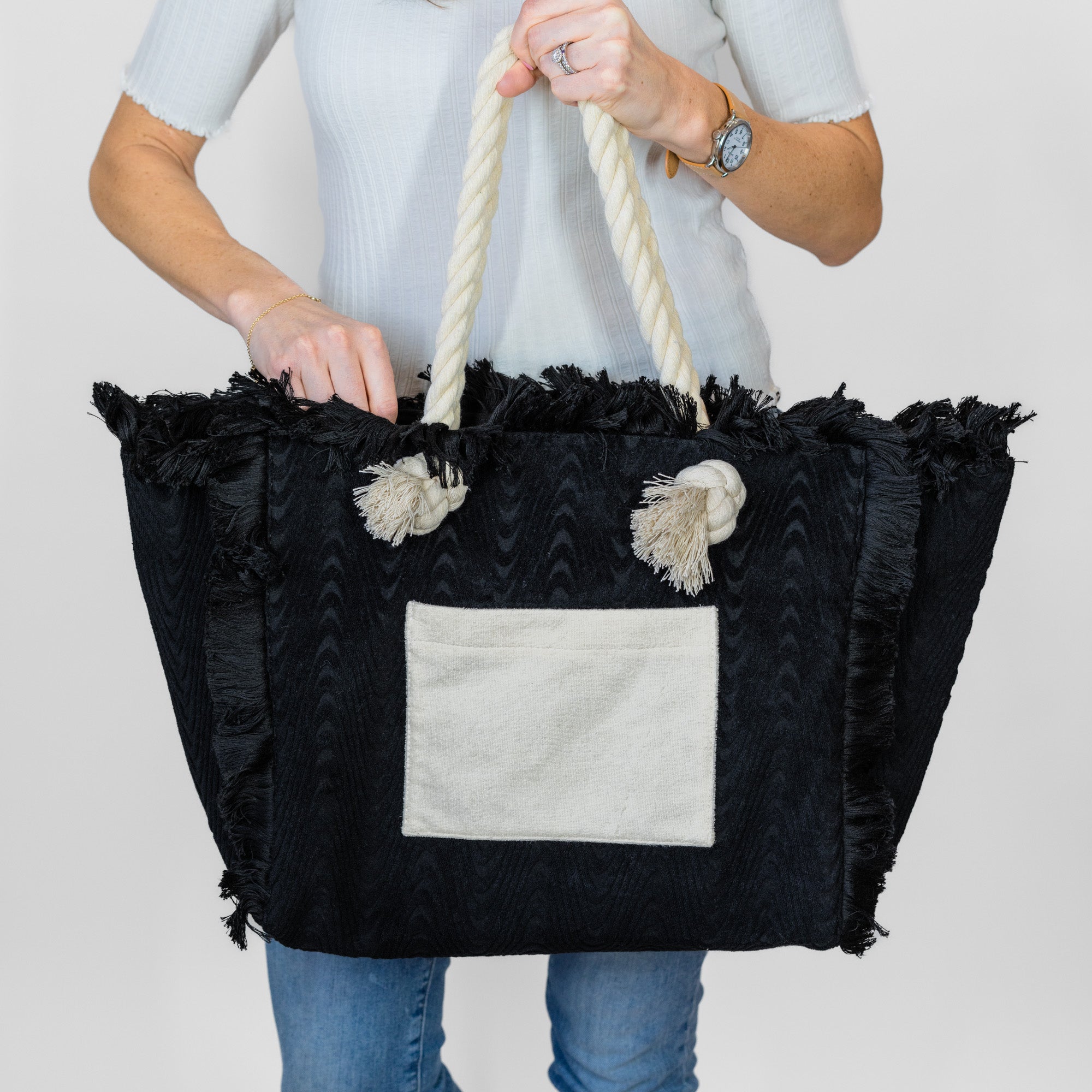 Terry Fringe Tote With Wristlet - Black / Cream
