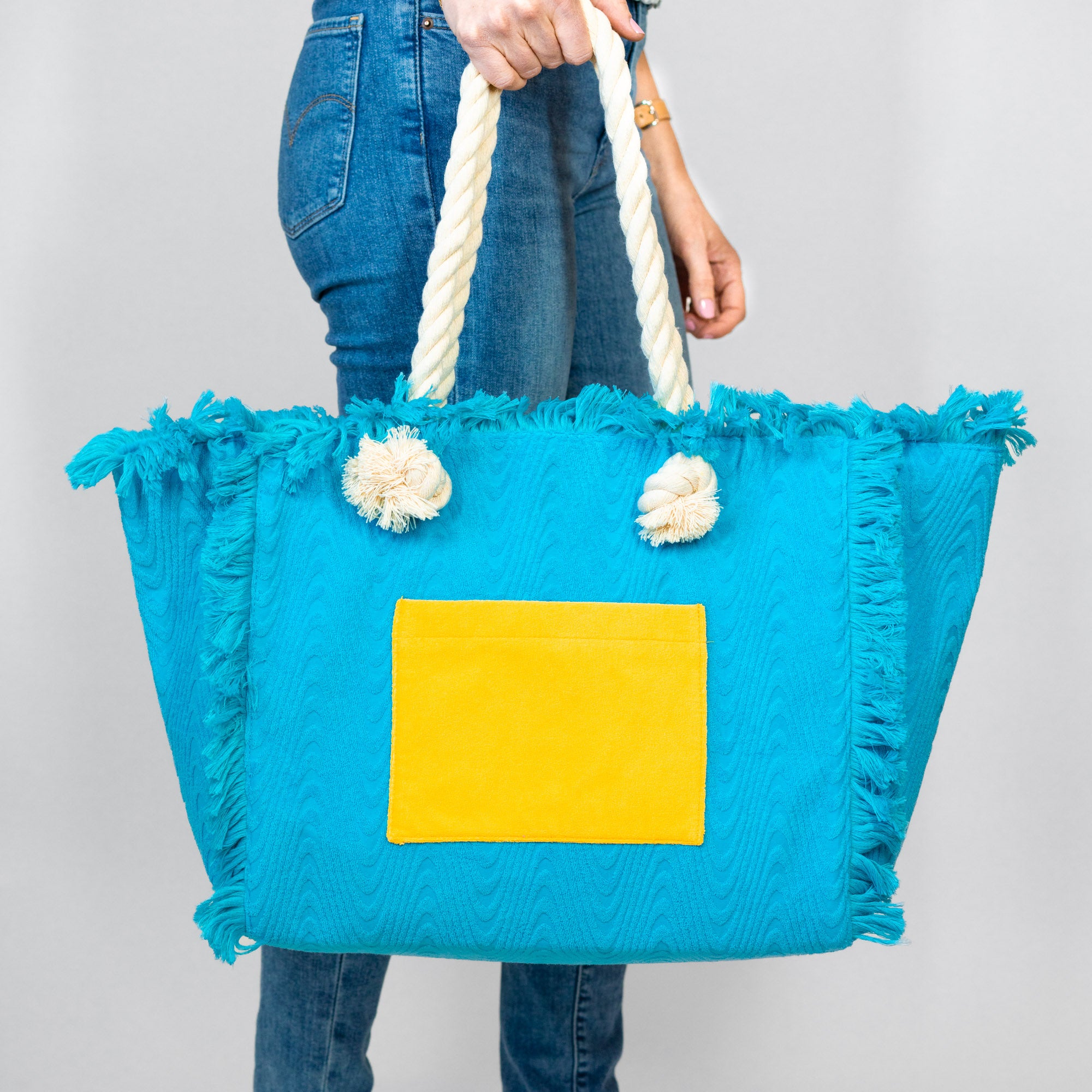 Terry Fringe Tote With Wristlet - Turquoise / Banana
