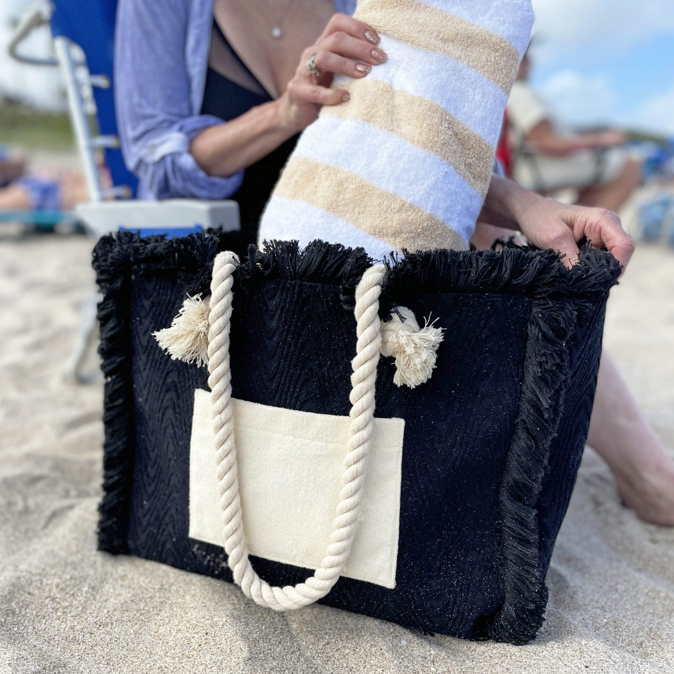 Terry Fringe Tote With Wristlet - Black / Cream