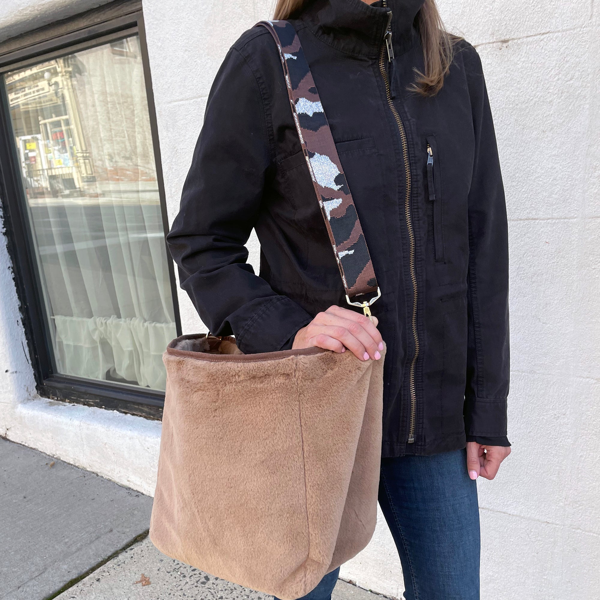 Faux Fur Tote With Removable Guitar Strap - Camel