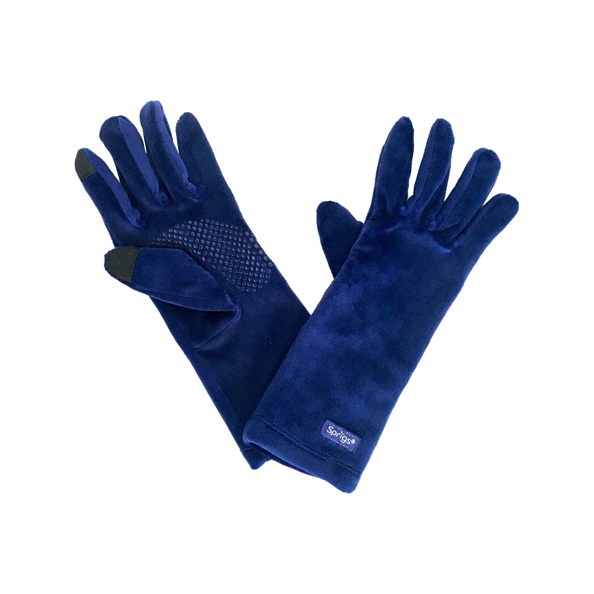 #color_purple A pair of purple velvet gloves with touchscreen-compatible fingertips.