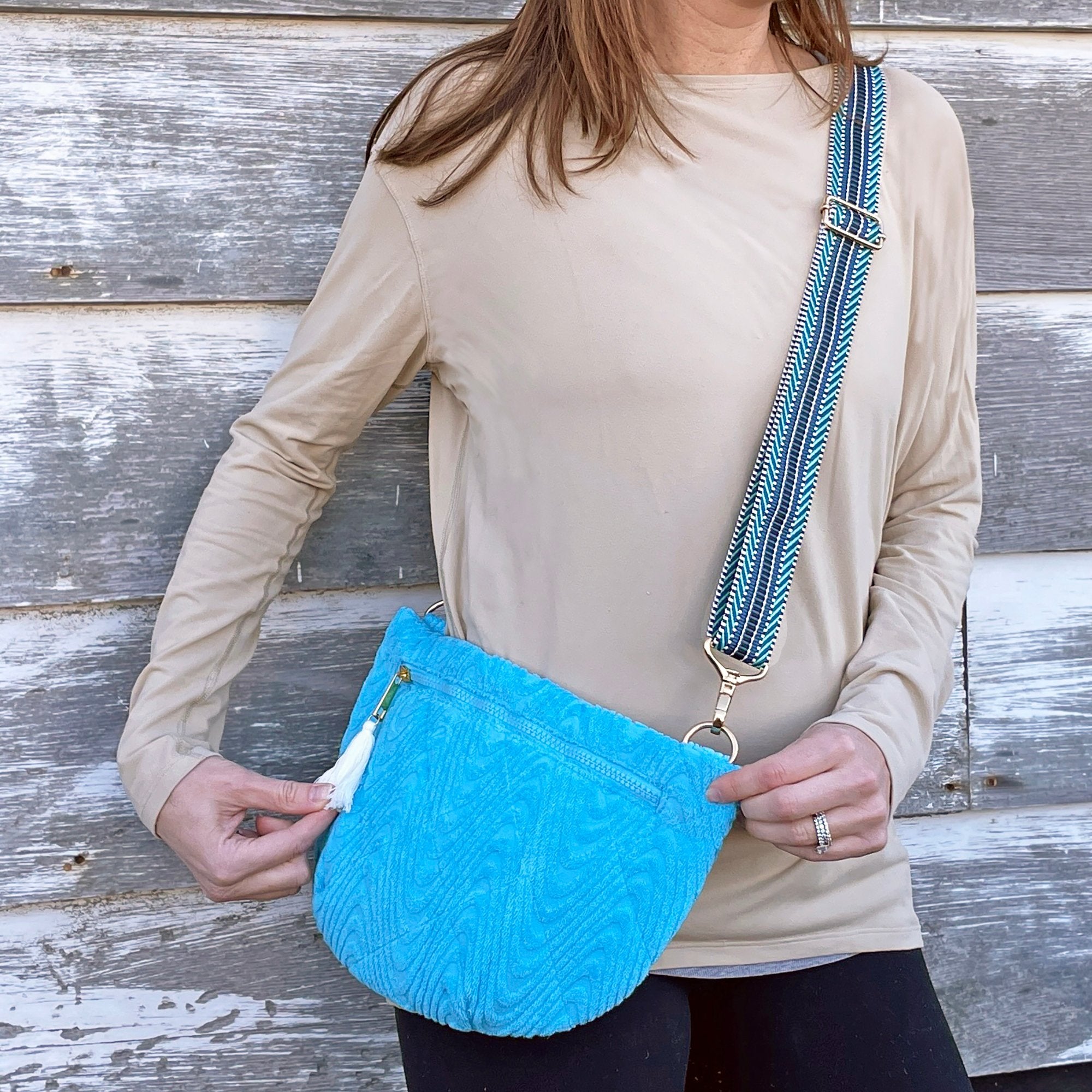 Terrycloth Cross Body Bag With Guitar Strap - Turquoise