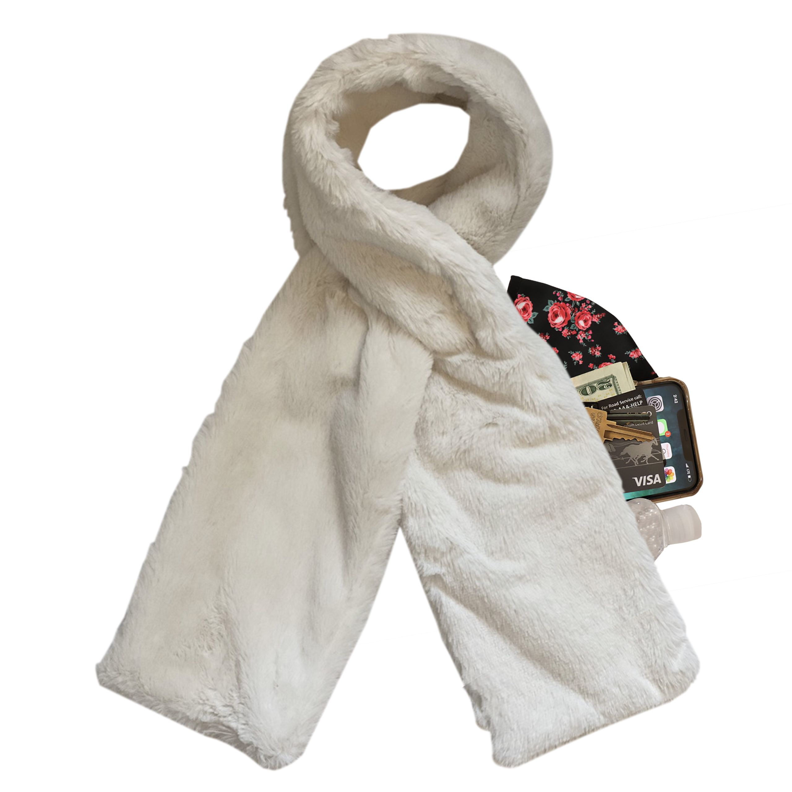 Faux Fur Scarf With Hidden Pocket – Winter White – Sprigs