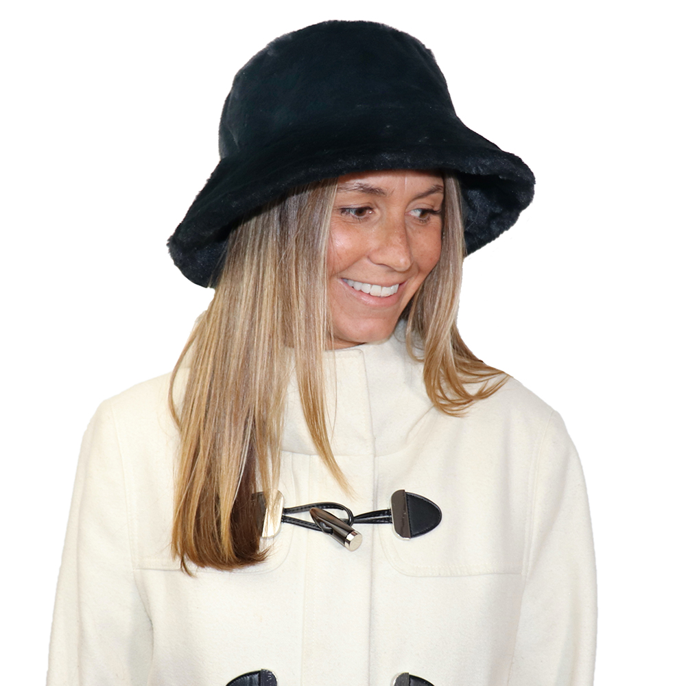 PlushMello Faux Fur Black Sherpa Reversible – Hat Sprigs Bucket – 