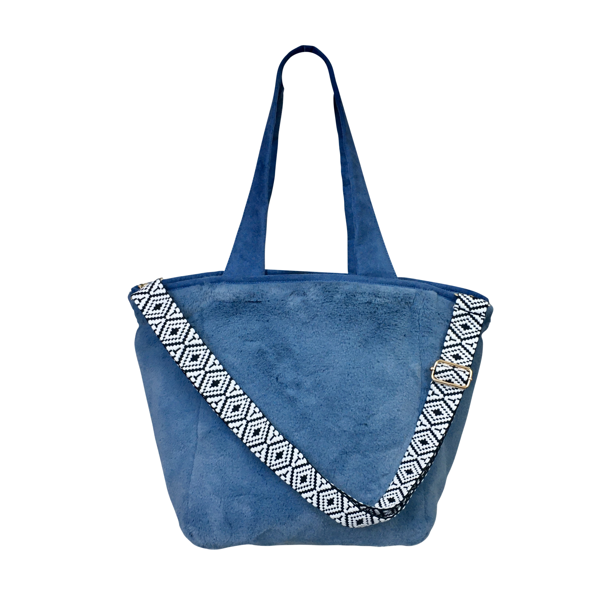 Faux Fur Tote With Removable Guitar Strap – Stone Blue – Sprigs