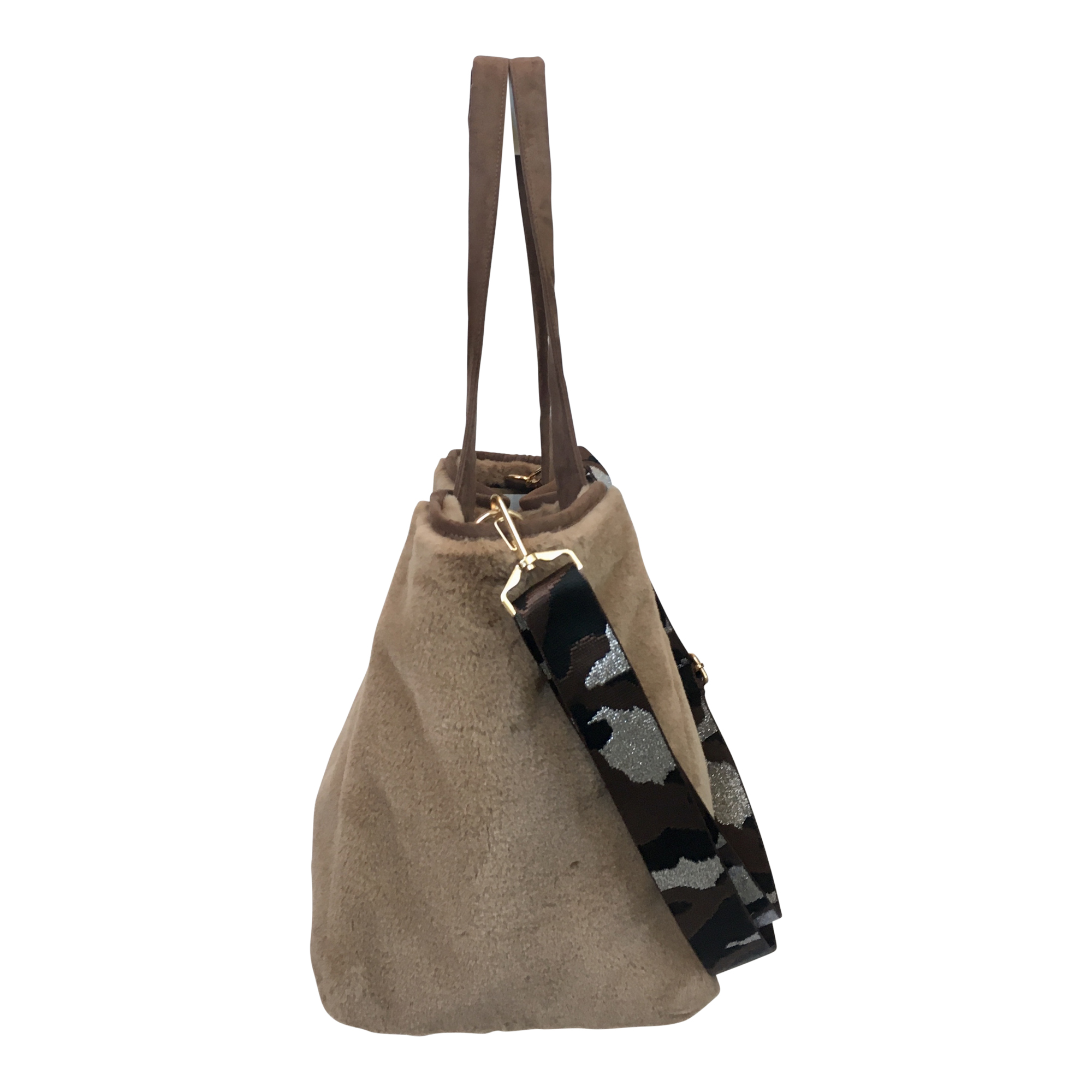 Faux Fur Tote With Removable Guitar Strap – Camel – Sprigs