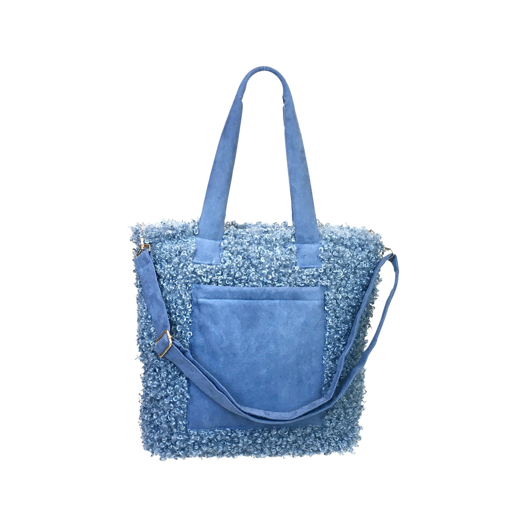 Curly Faux Fur Tote With Laptop Sleeve – Stone Blue – Sprigs